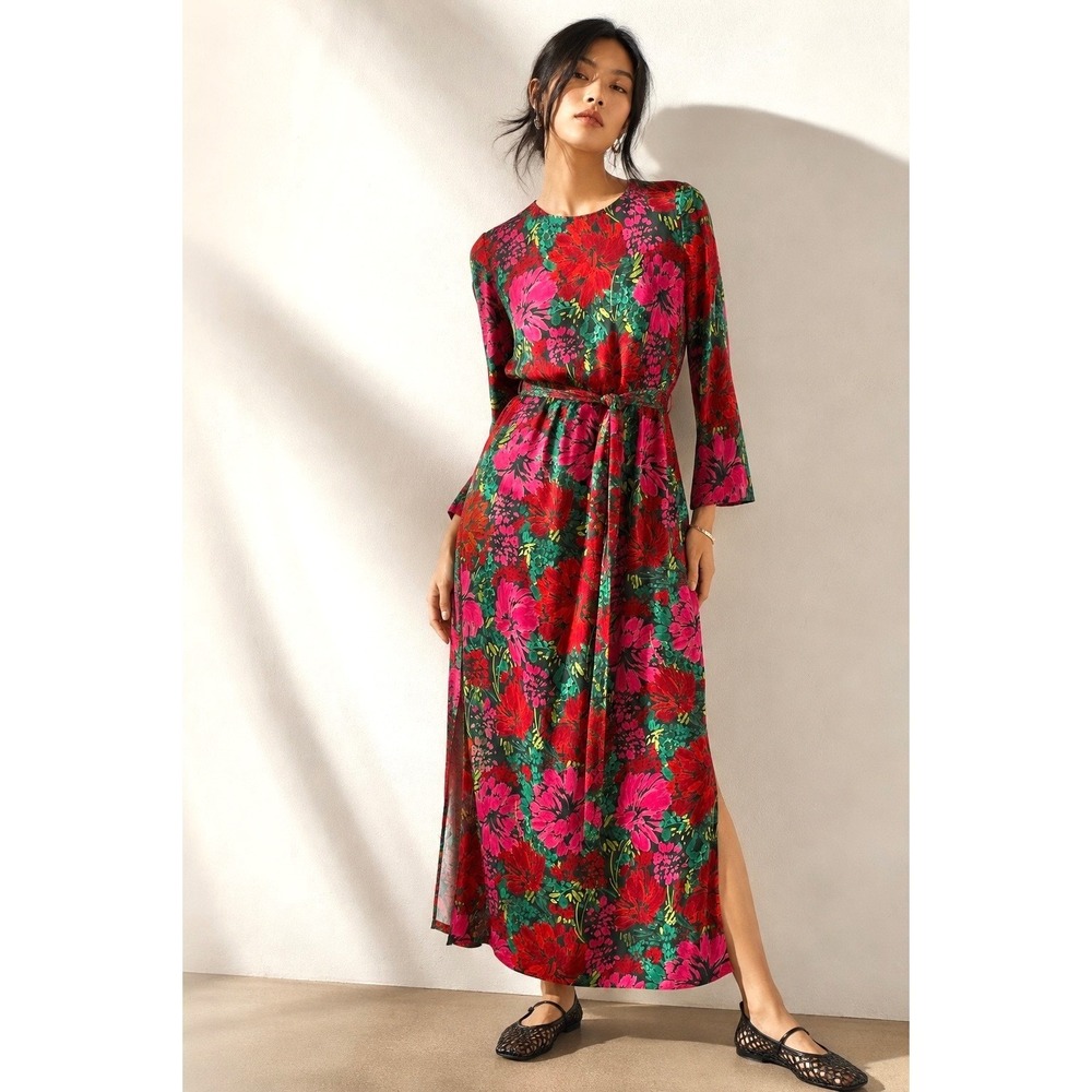 Vineyard Vines Silk Blend Floral Maxi Dress Pink Red Green Long Sleeve NWT M